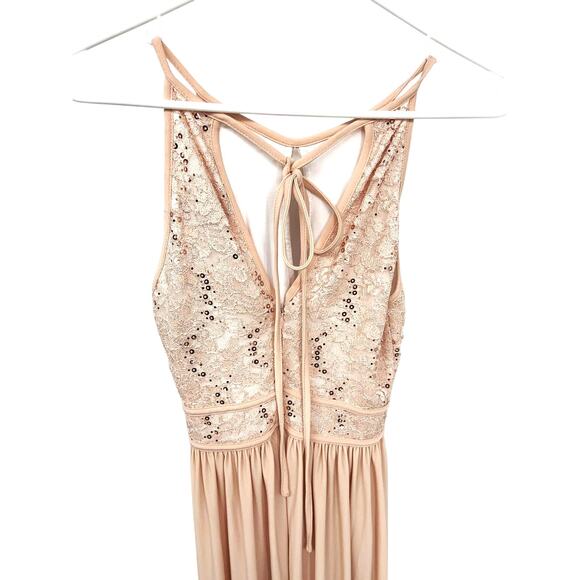 Morgan & Co Sequence Embellished Tie Back Long Halter Dress Nude Size 4 - Picture 1 of 7
